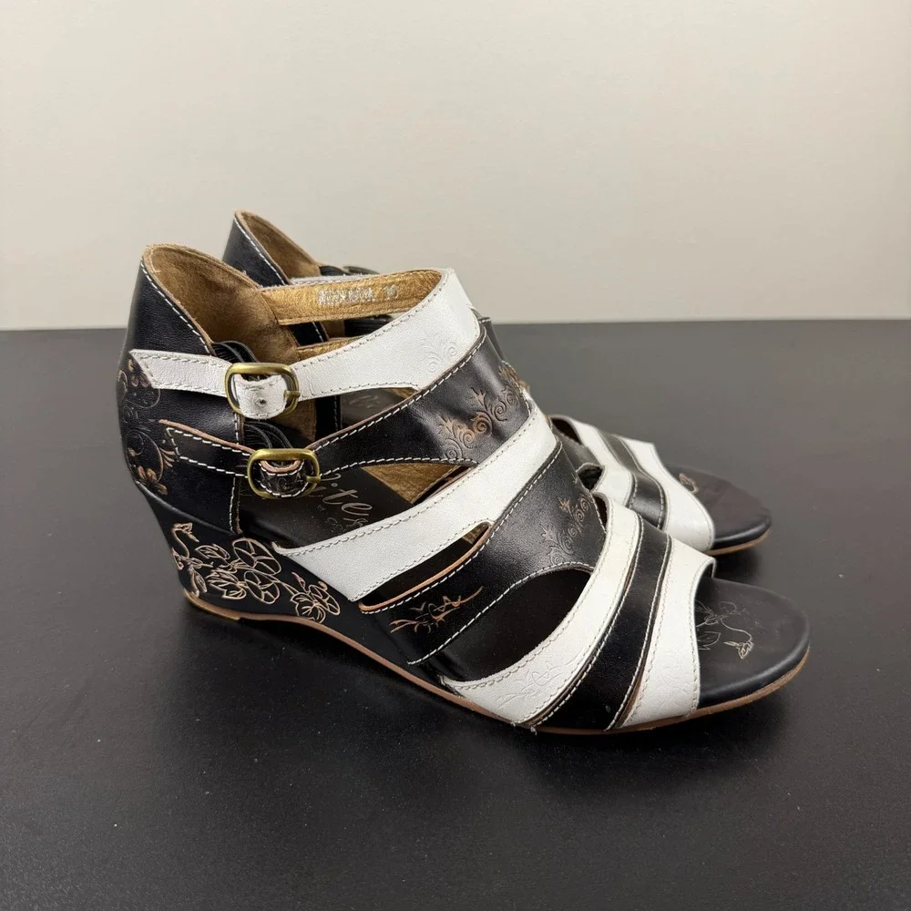Elite by Corkys Wedge Sandals Women's 10 Black White Tooled Leather Career Dress
